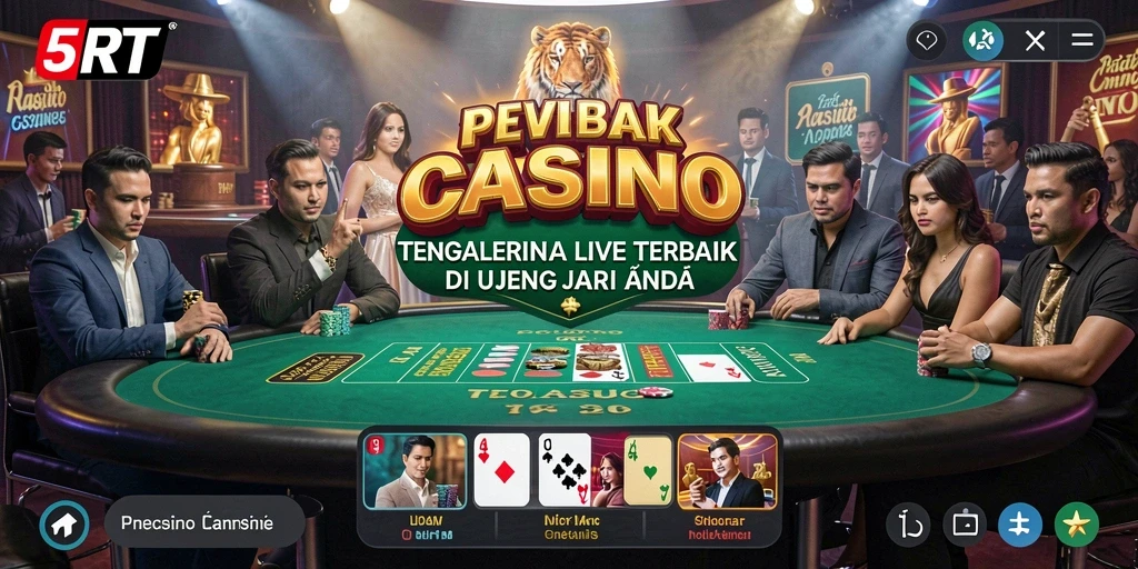 Screenshot gameplay <strong>5RT</strong> yang menunjukkan dealer profesional dan suasana kasino langsung.