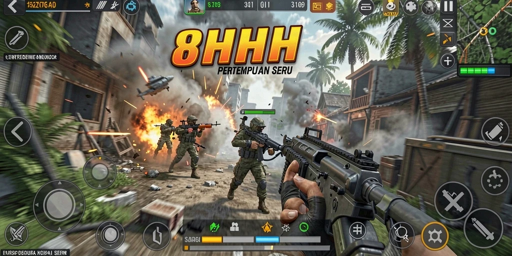 Gameplay seru dalam 8HHH yang penuh aksi TPS.