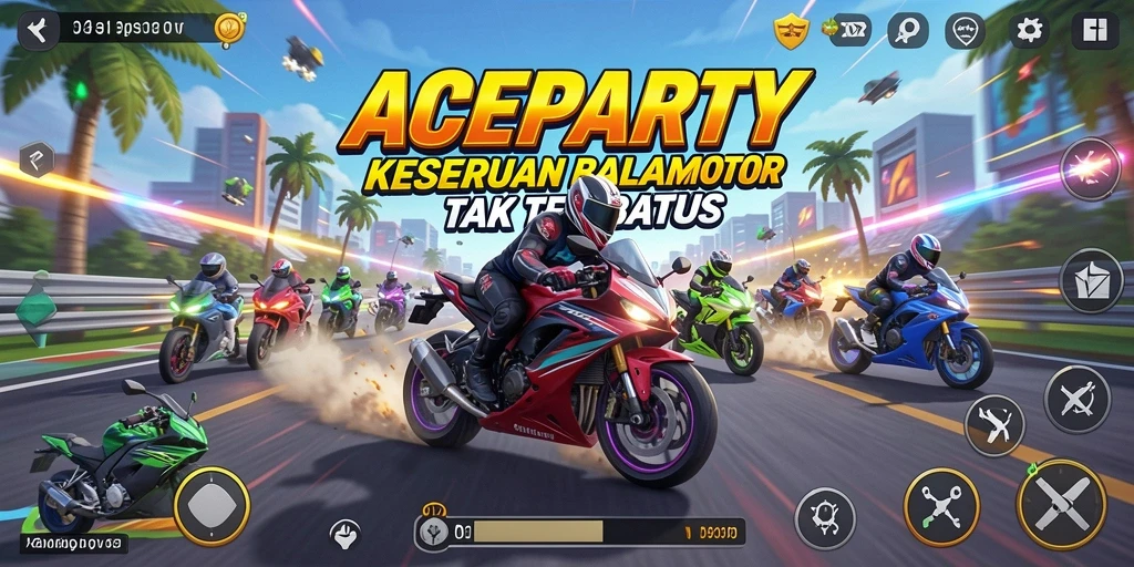 Screenshot gameplay ACEPARTY menampilkan aksi balapan motor yang seru.