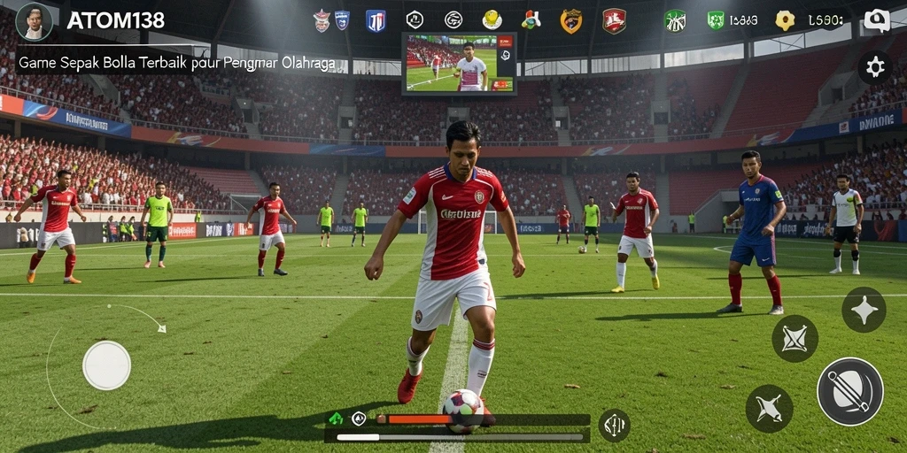 Screenshot permainan ATOM138 dengan aksi seru di lapangan sepak bola.