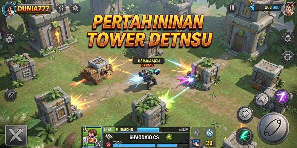 Screenshot gameplay DUNIA777 yang menunjukkan pertahanan menara yang kuat.