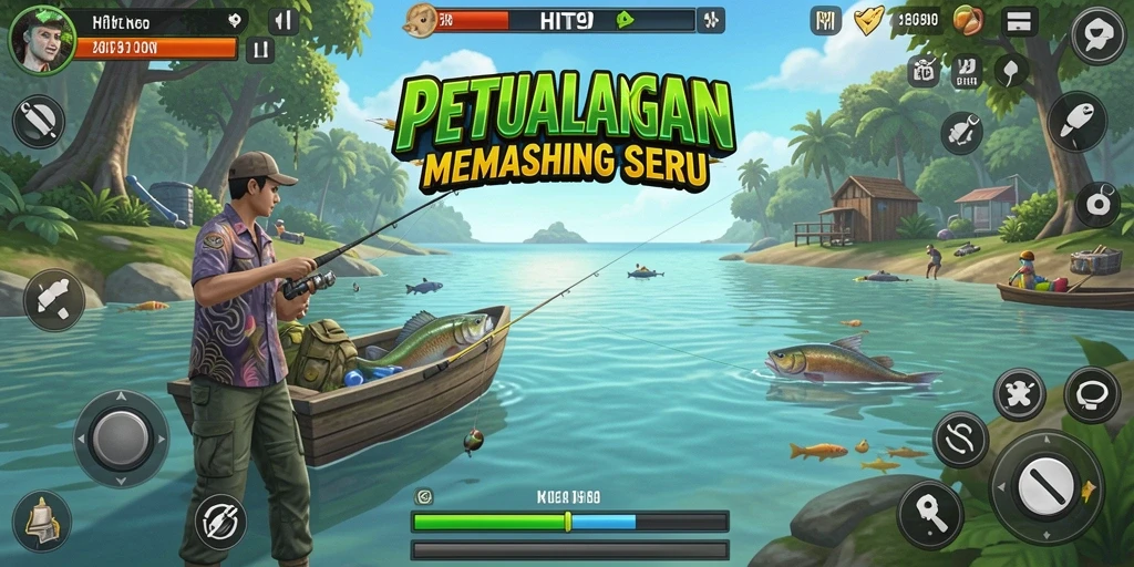 Screenshot gameplay HIT9 menunjukkan aksi memancing yang mendebarkan, dengan latar belakang laut yang indah.