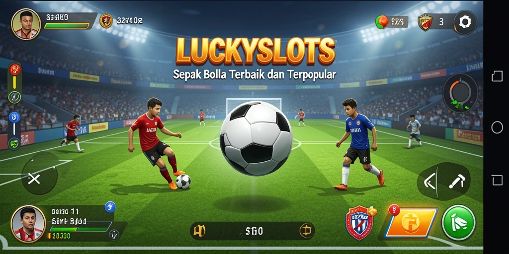 Tampilan utama gameplay LUCKYSLOTS dengan aksi sepak bola seru.