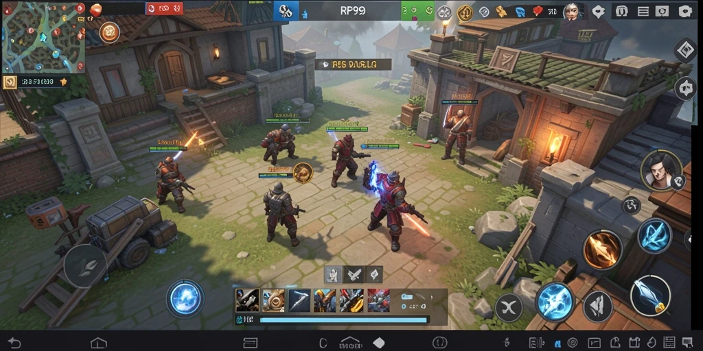 Screenshot gameplay RP99 dengan aksi pertempuran yang mendebarkan dan pembangunan strategi.