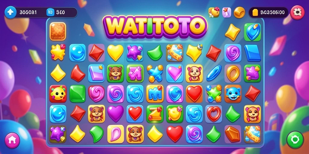 Tampilan screenshot gameplay WATITOTO dengan permata berwarna-warni.